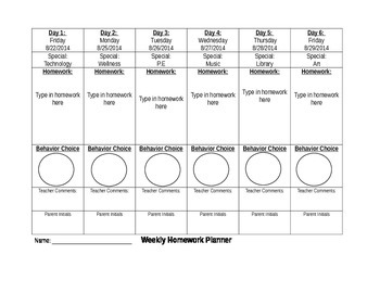 Preview of Weekly Homework and Behavior Planner