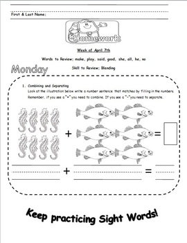 Preview of Weekly Kindergarten Homework
