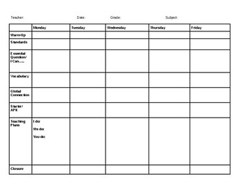 Preview of Weekly Lesson Plan Template