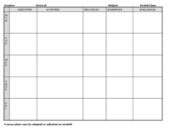 Preview of Weekly Lesson Plan Template