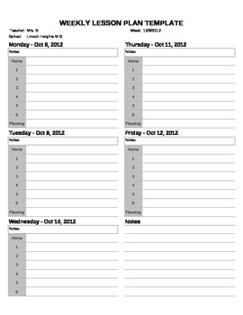 Preview of Weekly Lesson Plan Template - Excel File