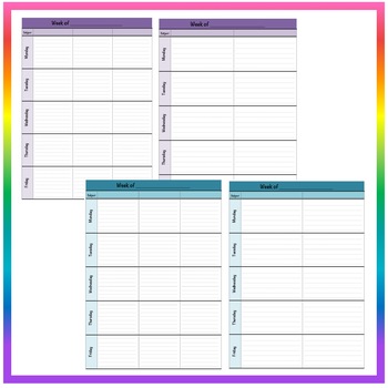 Multi-Color Weekly Lesson Plan Template Format - Five Subject Prep