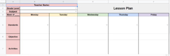 Preview of Weekly Lesson Plan Template, Google Sheets, Editable, AL Standards dropdown menu