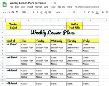 Preview of Weekly Lesson Plan Template (w/ Drop Down Menu)