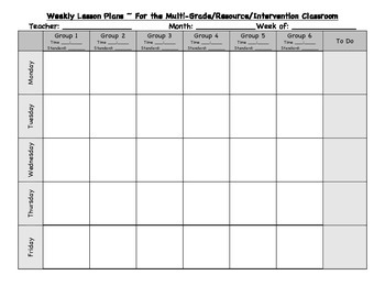 Preview of Weekly Lesson Plan template for Resource/Intervention/Multi-grade Classroom