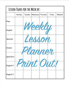 Preview of Weekly Lesson Planner - Printable (prep and weekend not included)