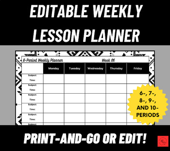 Preview of Weekly Lesson Planner Template | Editable or Print Option | Black & White Design