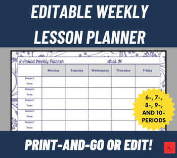 Preview of Weekly Lesson Planner Template | Editable or Print Option | Blue Floral Design