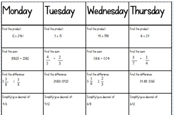 Preview of Weekly Math Homework Page