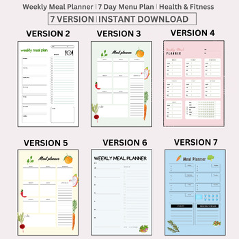 Preview of Weekly Meal Planner with Grocery List Printable Template, 7 Day Menu Plan