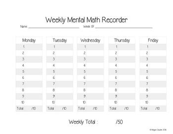 Preview of Weekly Mental Math Recorder
