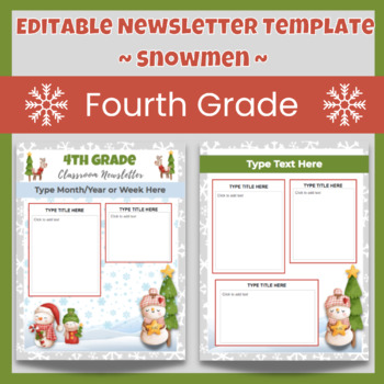 Preview of Weekly/Monthly Editable Newsletter Template ~ 4th Grade ~ Vintage Snowman Theme