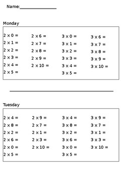 Preview of Weekly Multiplication Facts Practice (2 and 3 times table)