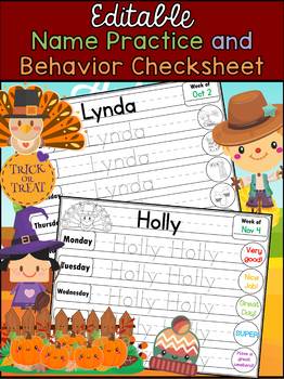 Preview of Weekly Name Practice and Behavior Check Sheet - Autumn Fall -  Editable