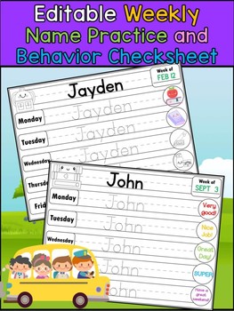 Preview of Weekly Name Practice and Behavior Check Sheet - School Theme Editable