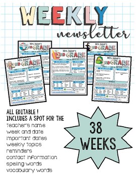 Preview of Customizable Weekly Newsletter Template for a Full School Year | Back to School