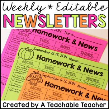 Preview of Weekly Newsletter Template Editable for Homework and News for Parents Folder