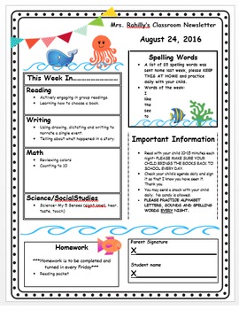 Preview of Weekly Newsletter Under the Sea Theme