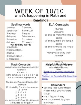 Preview of Weekly Newsletter for Math and Reading