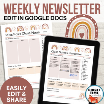 Preview of Weekly Newsletter to Parents Boho Rainbow Editable Google Docs Template PreK - 5