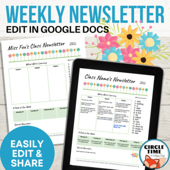 Preview of Weekly Newsletter to Parents Template EDITABLE Google Docs, Preschool Elementary