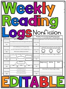 Preview of Editable SKILLS BASED Weekly Reading Logs NONFICTION +Digital