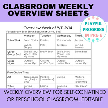 Preview of Weekly Overview Planning Sheets - PreK, Self-Contained, Play Based, Editable
