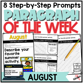 Preview of AUGUST Paragraph Writing Worksheets, Scaffolded, Printables, 2nd 3rd
