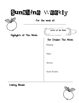 Weekly Parent Newletter for Primary Grades by Sunny Kinders | TpT