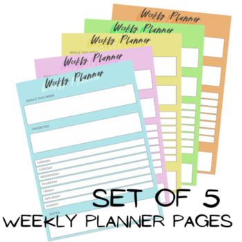 Preview of Weekly Planner Page Digital Download PDF Set of 5 Goals Priorities Notes