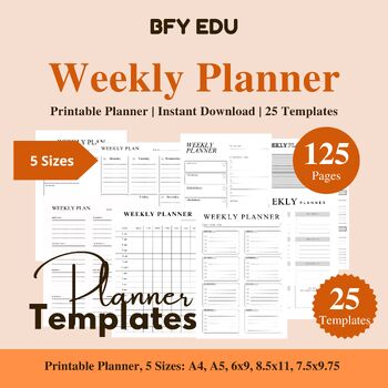 Preview of Weekly Planner Printable, Undated Planner 5 Sizes, 25 Templates, 125 Pages