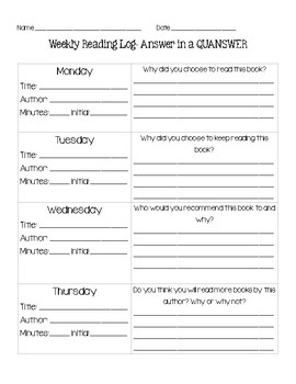 weekly reading homework worksheet