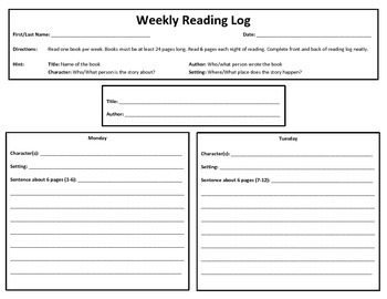 Weekly Reading Log Graphic Organizer by AutismBehaviorandTeachingTools