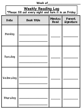 Preview of Weekly Reading Log Homework Template