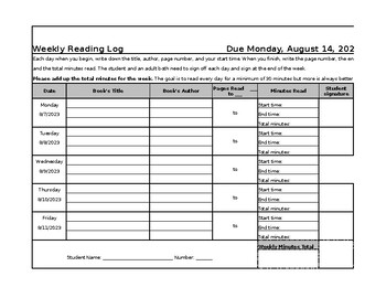 Preview of Editable Weekly Reading Log