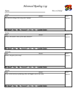 Preview of Weekly Reading Log to focus on Plot, Setting, and Charatcters