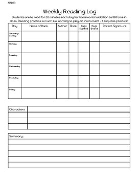 Preview of Weekly Reading Log with Character Traits/Summary