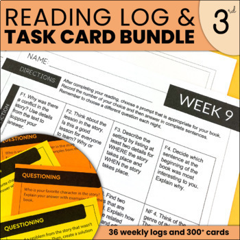 Preview of Weekly Reading Logs & Reading Skills Task Cards YEAR LONG BUNDLE 3rd