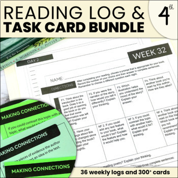 Preview of Weekly Reading Logs & Reading Skills Task Cards YEAR-LONG BUNDLE 4th