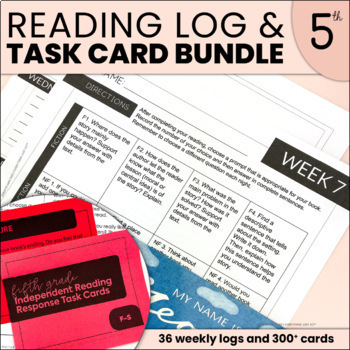 Preview of Weekly Reading Logs & Reading Skills Task Cards YEAR LONG BUNDLE 5th