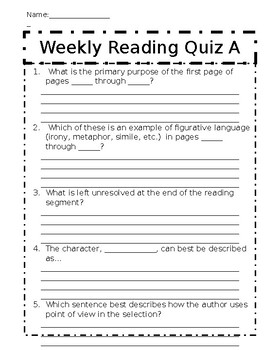 Preview of Weekly Reading Quiz A