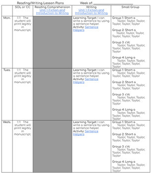 Preview of Weekly Reading/Writing/Small Group Lesson Plan Template