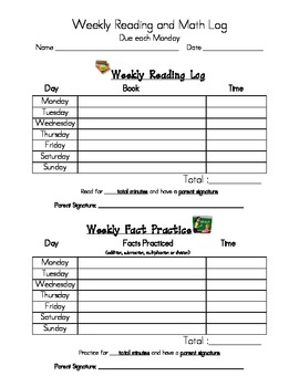 Preview of Weekly Reading and Math Log