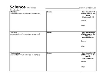 Preview of Weekly Science Question of the Day Student Handout Template