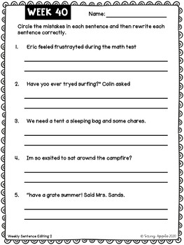 weekly sentence editing worksheets for the whole year 40