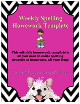Preview of Weekly Spelling Homework Editable Template Daily
