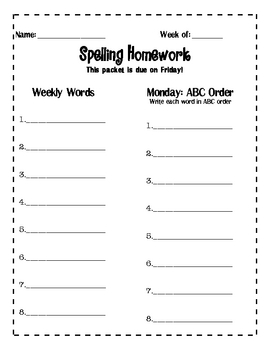 spelling homework template