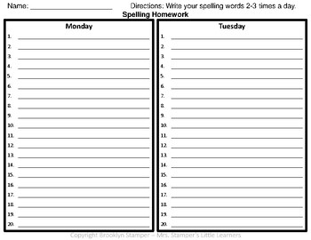 Weekly Spelling Homework Sheet: 20 Words by Mrs Stampers Little Learners