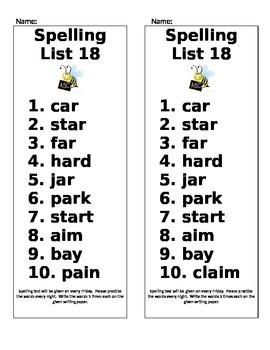 spelling list homework