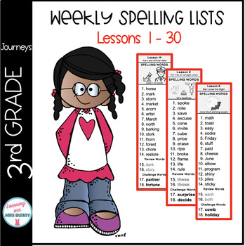 Preview of Weekly Spelling Word Lists for 3rd Grade Journeys Lessons 1-30 (Entire Year)